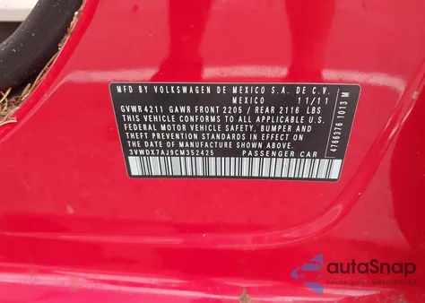 2012 Volkswagen Jetta Se from USA, damaged, VIN 3VWDX7AJ9CM352425
